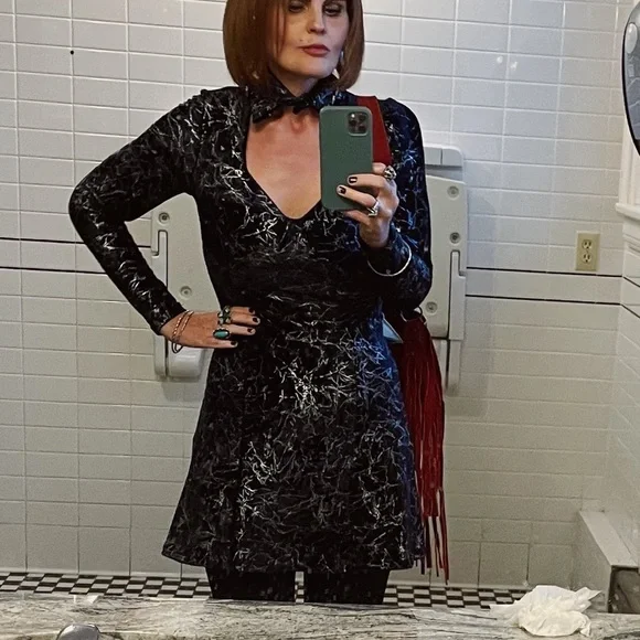 Metallic Velvet Choker Dress M Lightning Silver Crushed A-Line Cutout Skater - Picture 14 of 14